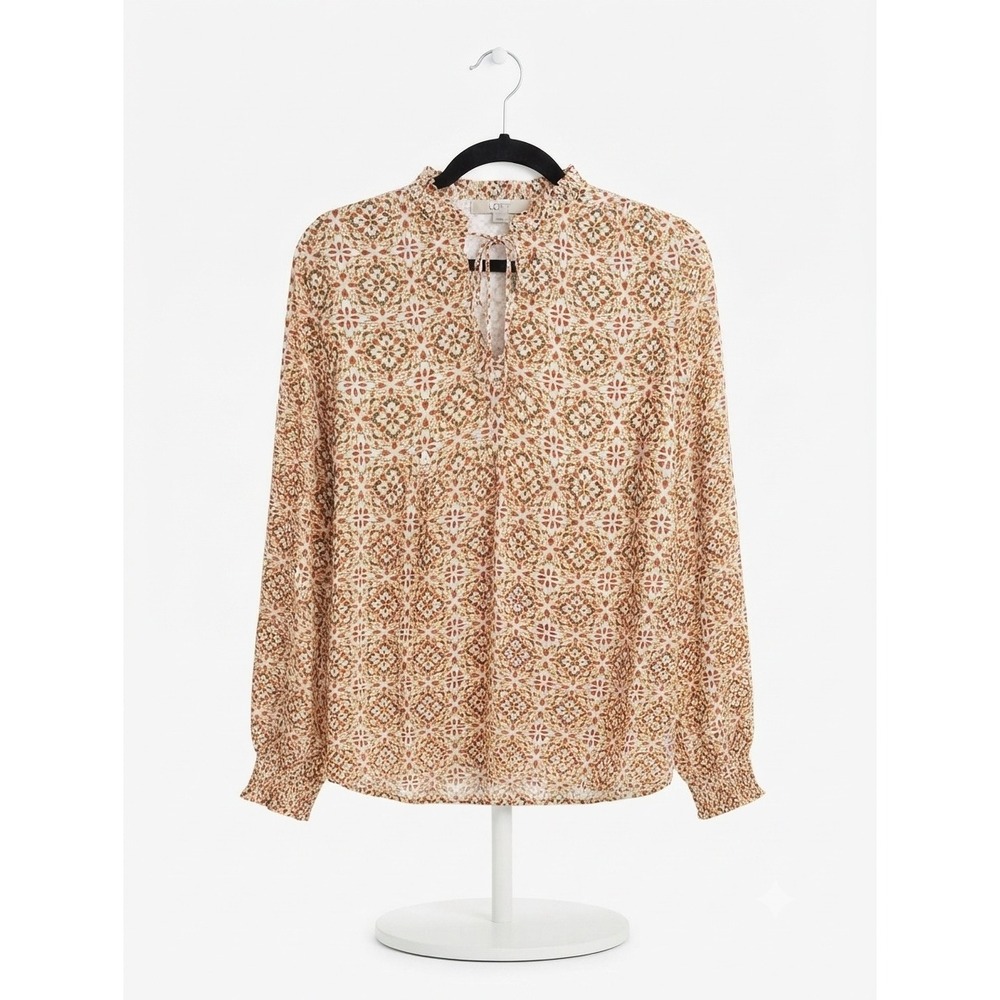 Loft Outlet Womens Medallion Print Ruffle Neck Keyhole Blouse Orange Brown M